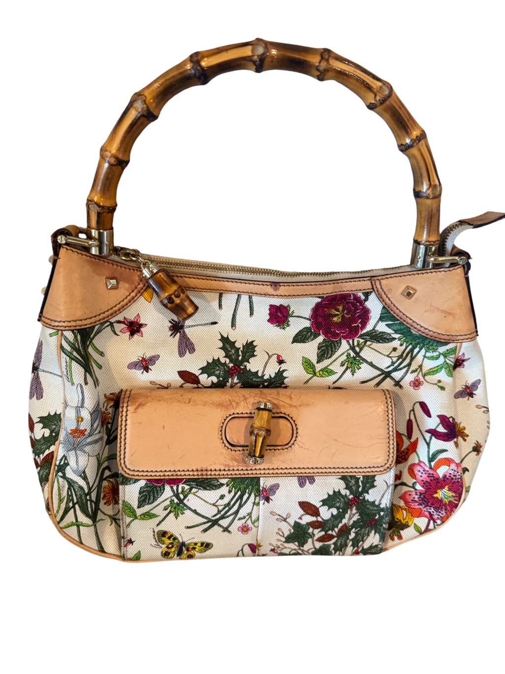 Gucci Floral Canvas Shoulder Bag With Bamboo Handle In Beige And Multicolor
